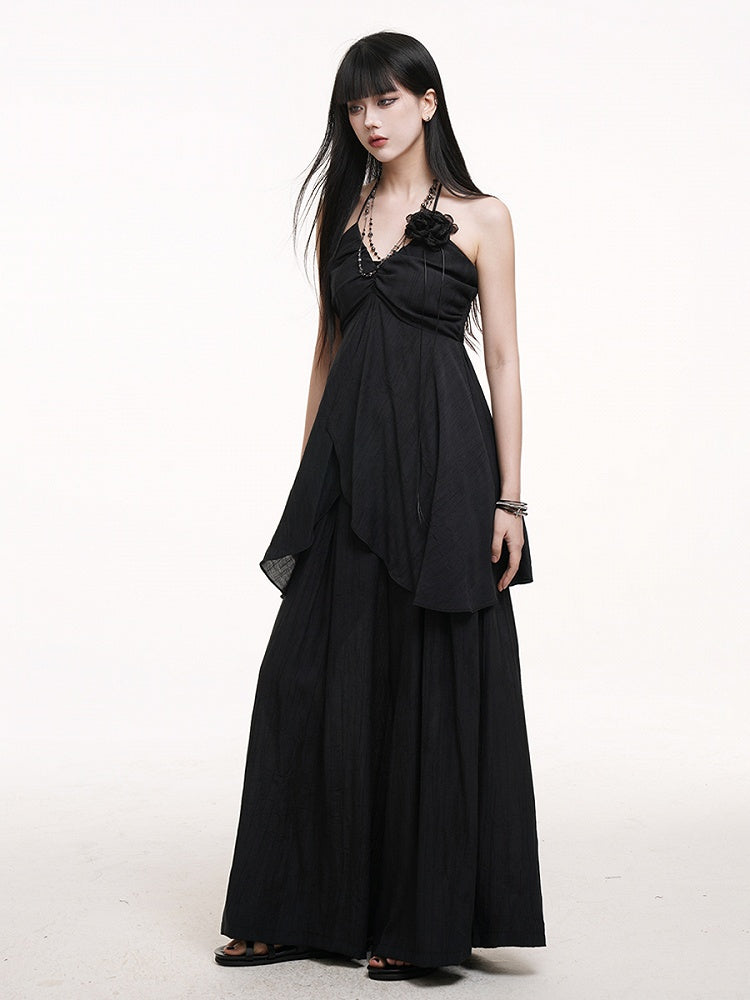Pants Skirt-Like with Black Gothic Wide-Leg Floor Drape Length