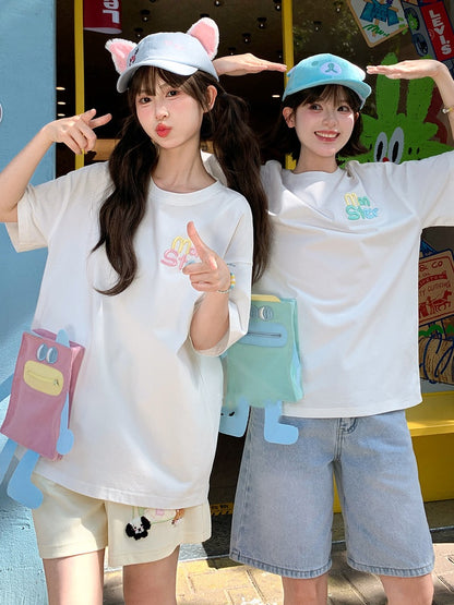 T-shirt Blue/Pink Neck Loose Cartoon Pocket White Round