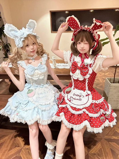 Dress Themed with JSK Dot + Red Polka Lolita and Bunny Hairband Strawberry Ear Vintage Details Lace Bow