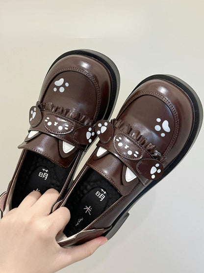 Shoes Cat PU Design with Accents Ear Preppy Print Style Slip-On - Mid-heel Brown Paw