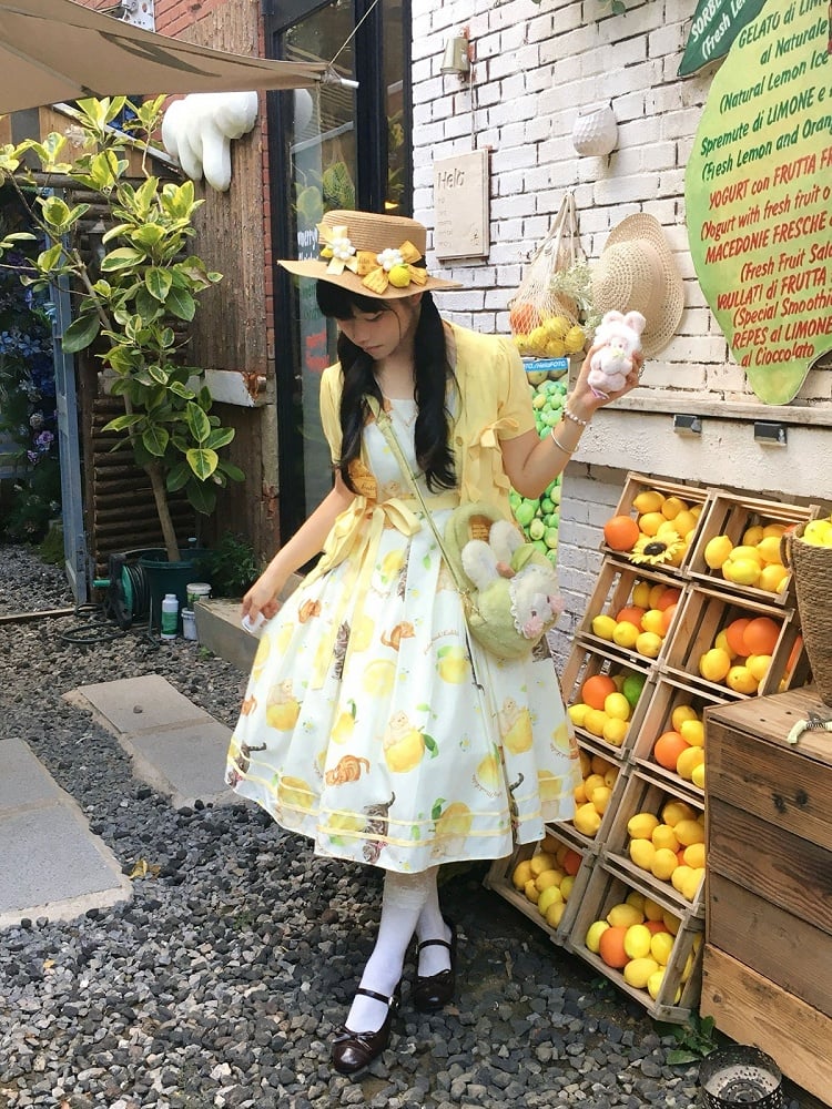 Yellow Sweet Lolita Floral Print Jumper Dress with Cat Motif - Cutey Mask