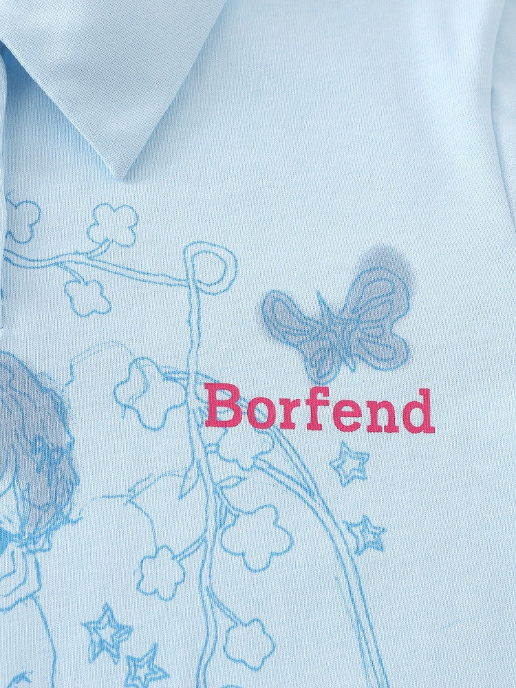 Blue Turn-Down Collar Tee with Anime Graphic - Languid Park
