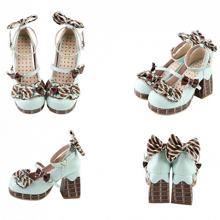 Schnalle Plattform GrünBraun Heels Bowknot Herz Schokolade Janes Mary Block Hohe Details Gestreift