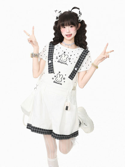 White Plaid Overall Shorts with Bunny Embroidery - Languid Park
