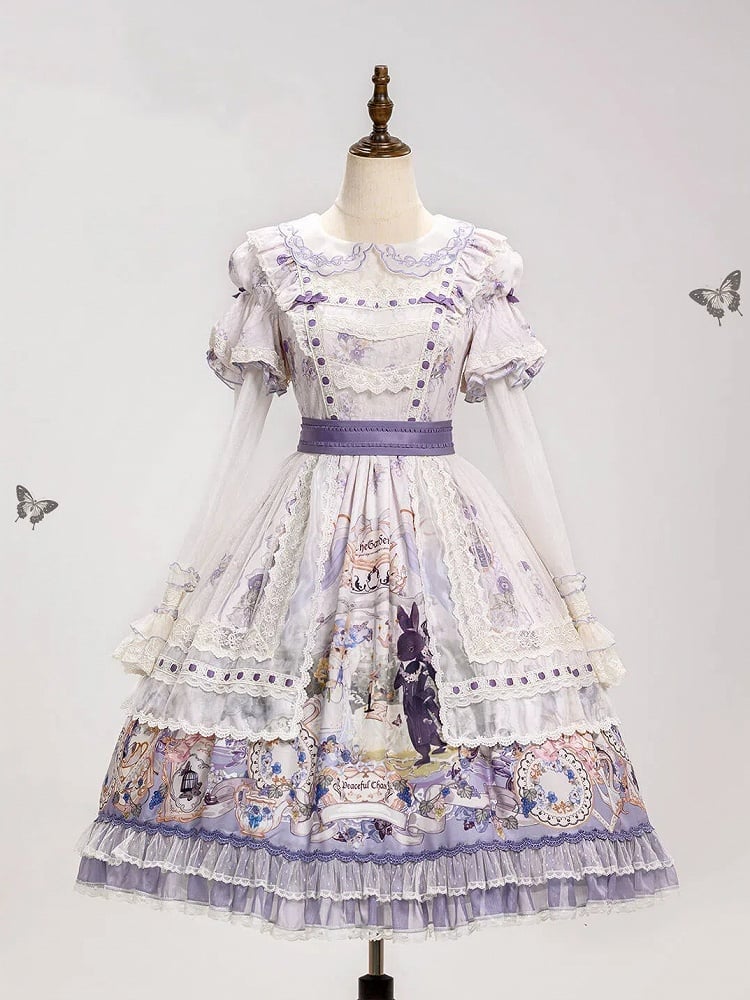 Kleid mit Blumenärmeln, Party- und Hasen-Lolita-Print mit abnehmbarem Tee