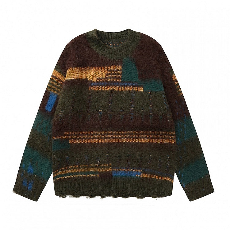 コーヒー/アプリコット パッチワーク ディストレスホールズ ルーズセーター