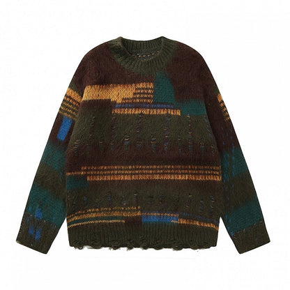 コーヒー/アプリコット パッチワーク ディストレスホールズ ルーズセーター