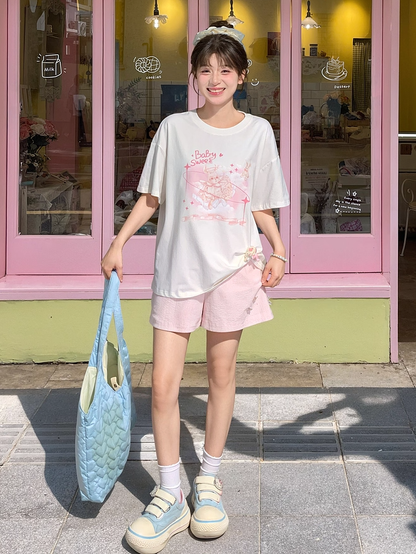 Pink Bunny Print White Round Neck Loose Sweet T-shirt