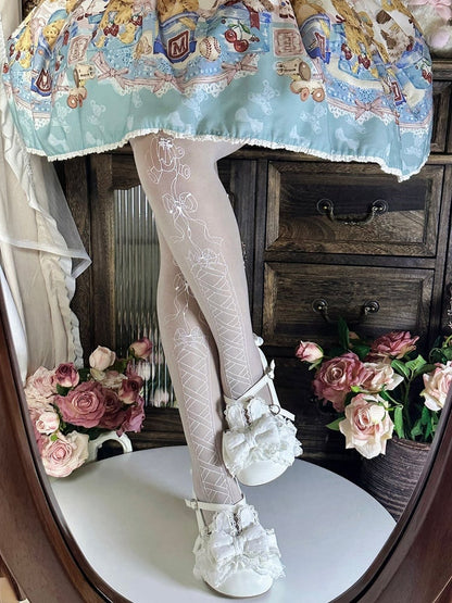 Bow And Bunny Pantyhose Semi-sheer Print White Lace-up