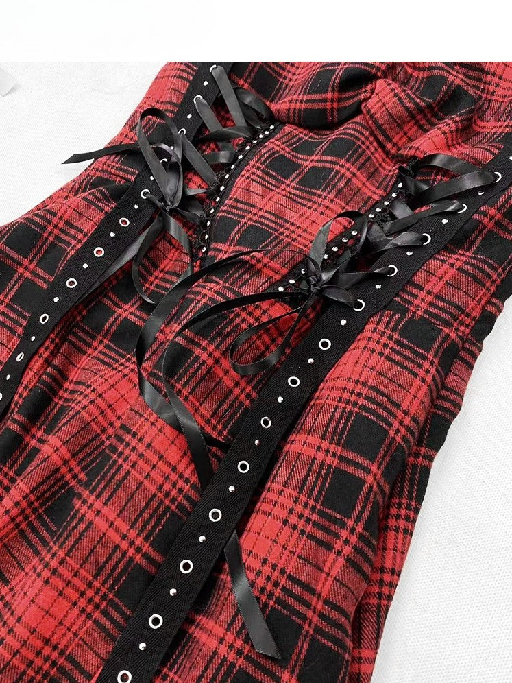 Dress Thigh-high Pattern Red Lace-up Plaid Slit Glamorous Detail Y2K