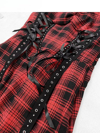 Dress Thigh-high Pattern Red Lace-up Plaid Slit Glamorous Detail Y2K