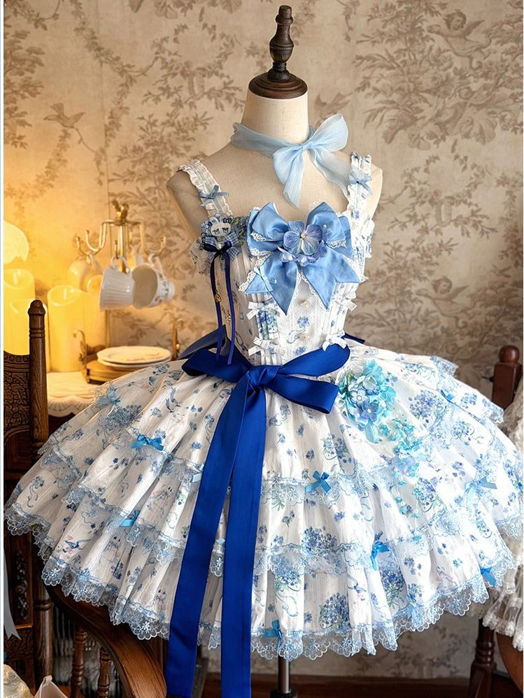 Blue & White Floral Print Lace-Up Lolita Dress Set with Bow Train & Floral Accents - signorina