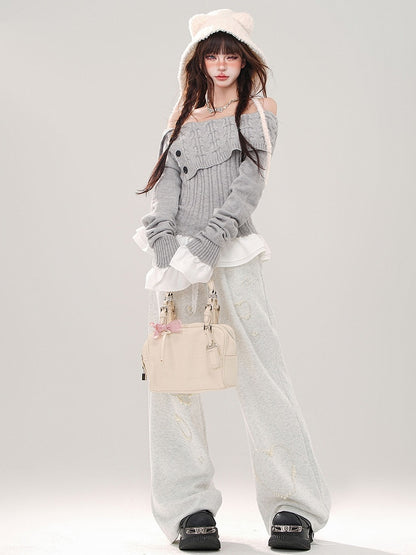 Grey/Navy Blue Off-the-shoulder Neckline Slim-fit Sweater Patchwork Hem and Cuffs