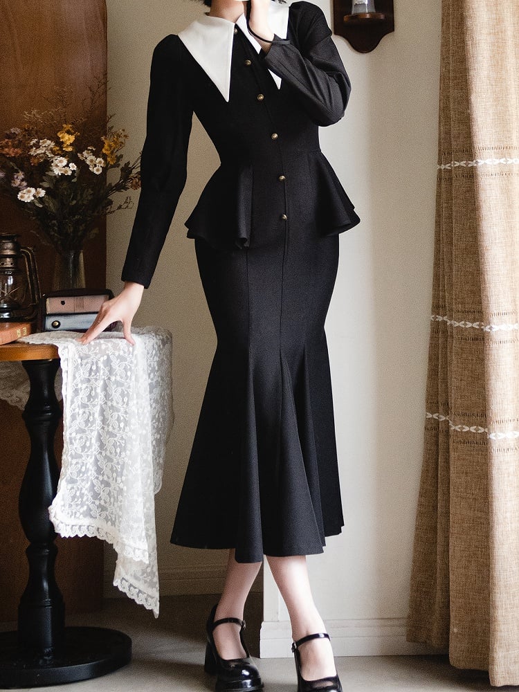 Robe sirène noire rétro à col pointu, élégante pour femme de bureau