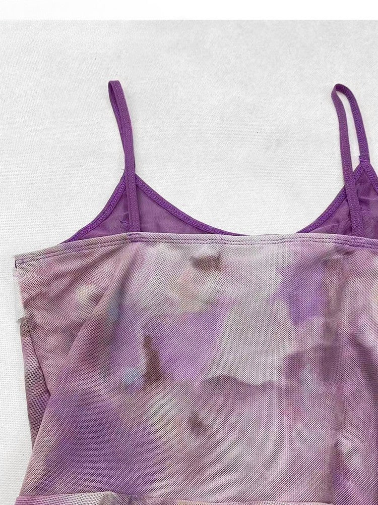 Lila Saum Asymmetrische Rüschen Top Design Dye + Tie Cami Schal Y2K Trim