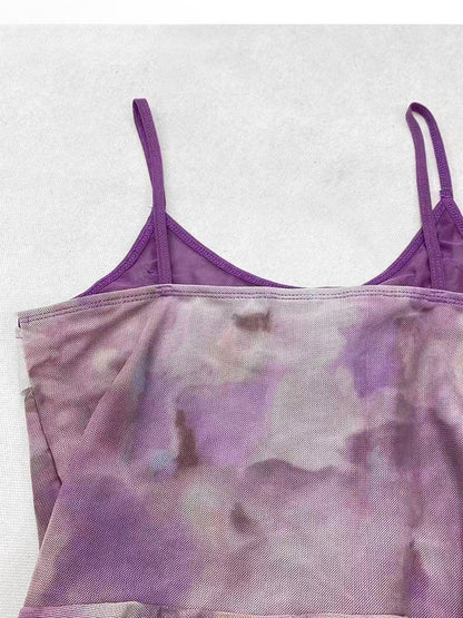 Lila Saum Asymmetrische Rüschen Top Design Dye + Tie Cami Schal Y2K Trim