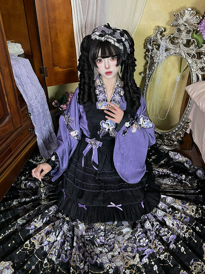 Black & Purple Jacquard Mamian Skirt with Butterfly & Floral Motif - Hua Xian Ji Hanfu