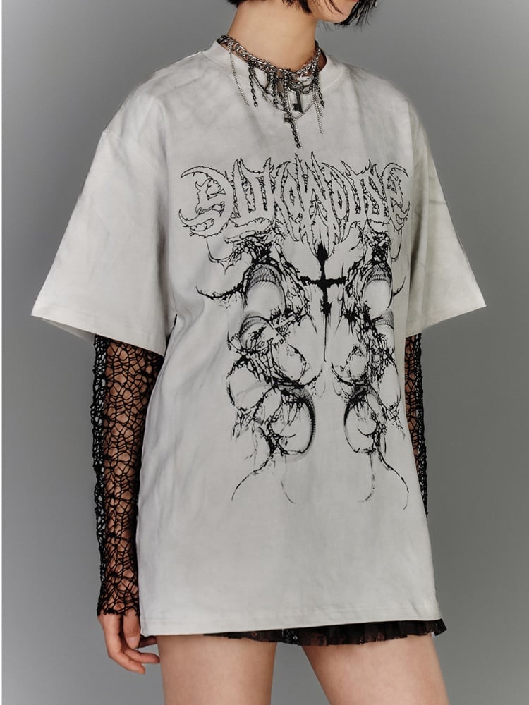 Black/White Faded Wash Cotton T-Shirt Distressed Punk Print Vintage