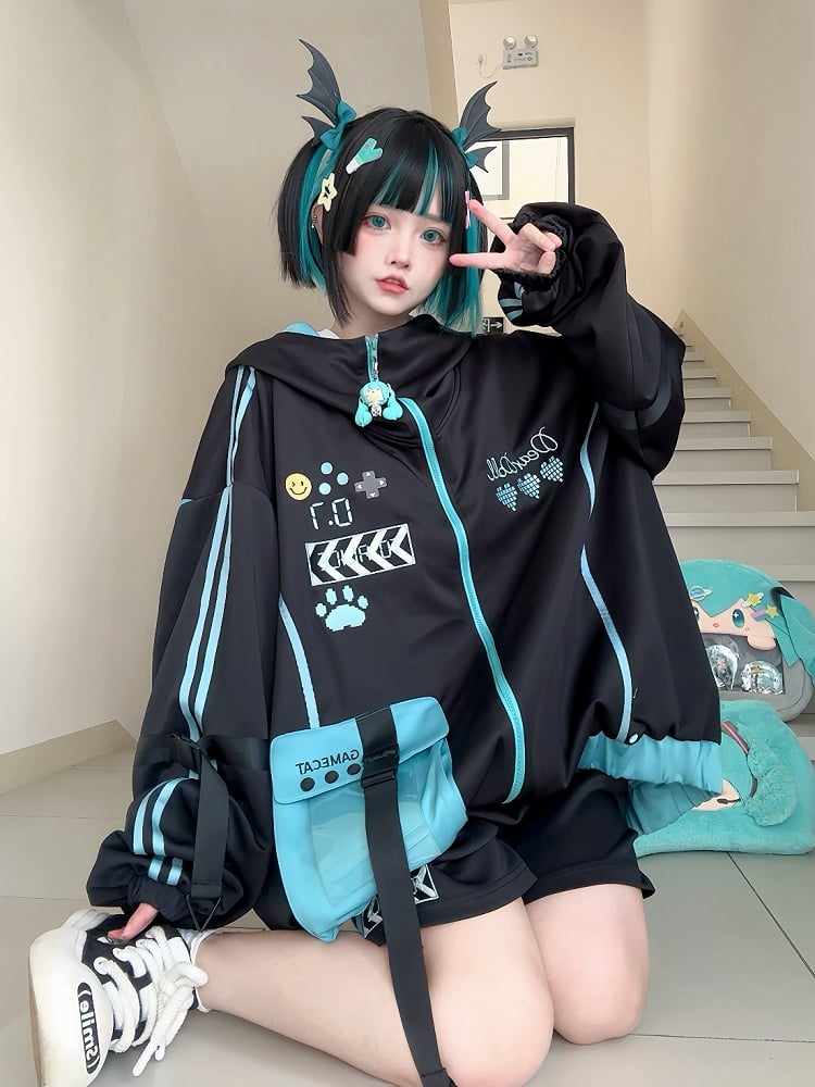 フード付きテックウェア ブラックフューチャリスティックジャケット ブルー＆サイバーパンク