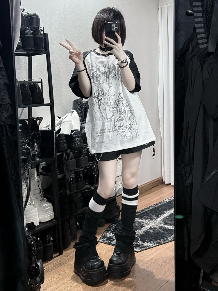 White Landmine Style Raglan Short Sleeve Tee with Hot-Fix Rhinestone & Graphic Accents - Puzzles