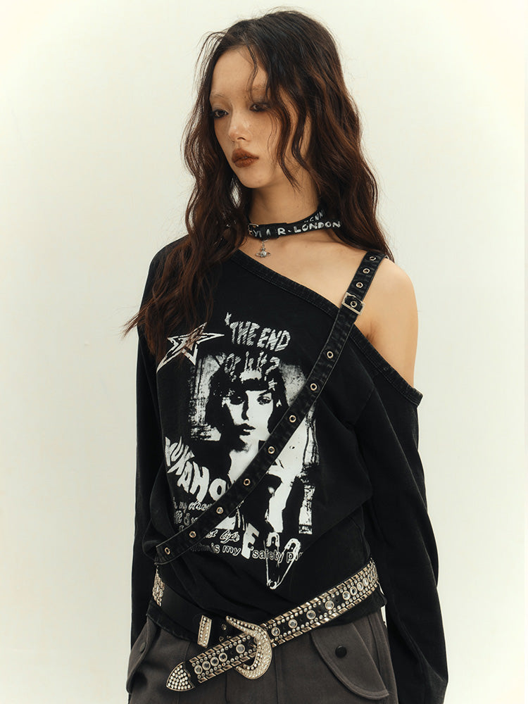 Cutout Schulter Top Y2K Punk Schwarz Asymmetrisch