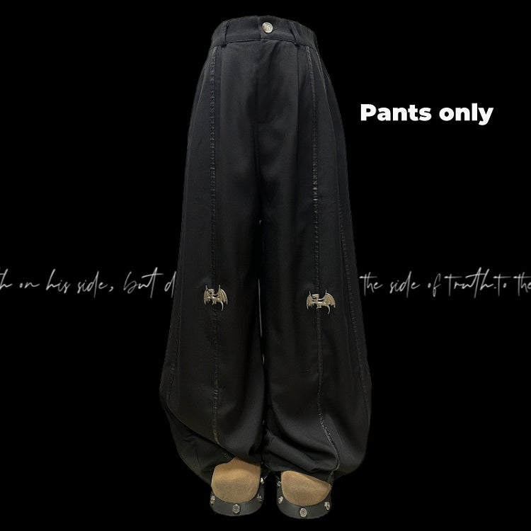 丈長めのフロア ブラック メタル ドラゴン ニー ワイドレッグ パンツ