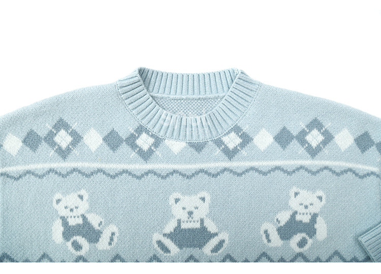 Blue Teddy Bears Pattern Round Neck Cozy Sweater