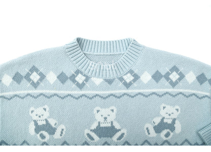 Blue Teddy Bears Pattern Round Neck Cozy Sweater