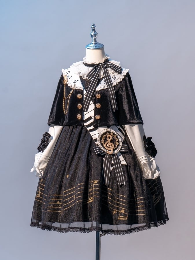 Musical Note Print Black and White Long Sleeves Lolita OP Full Set