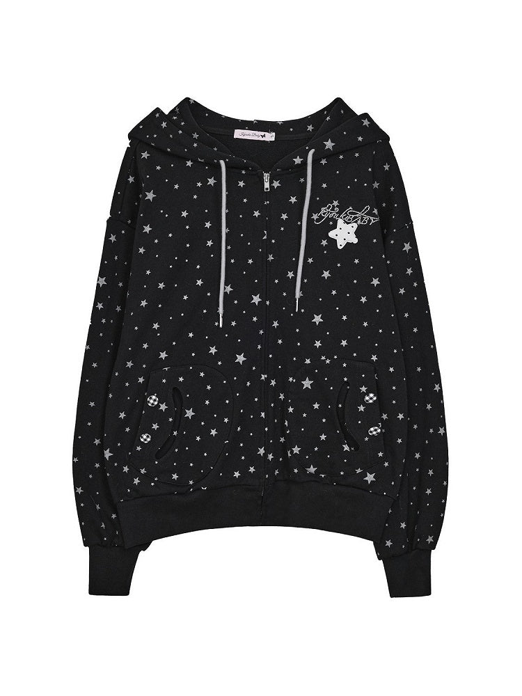 Jacket Pattern with Cuffs Star Elastic Black Kawaii Hoodie Daily