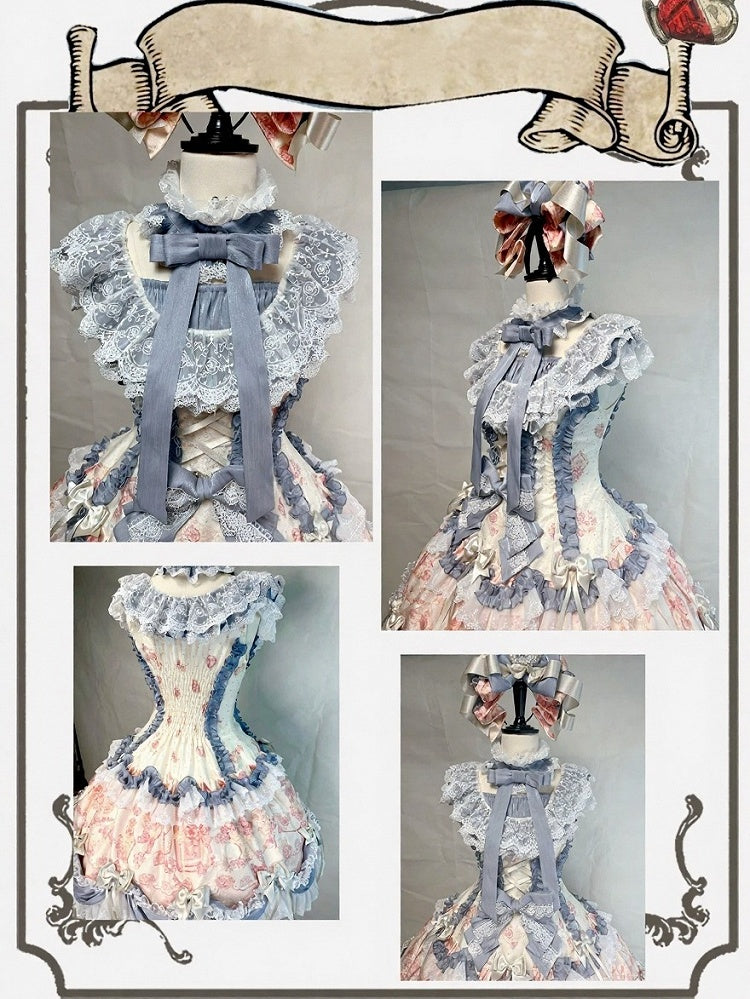 Pink & Blue Floral OP Dress with Bow & Card Print - Rosede Cheese