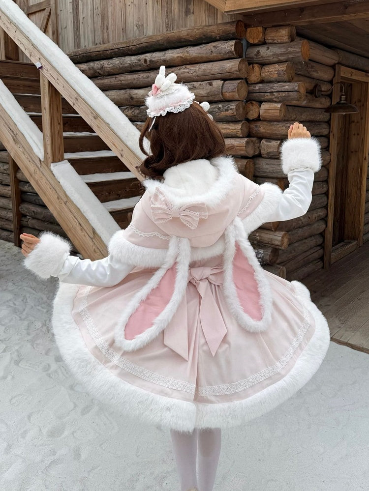 Plush Hooded Trimming Cape Bunny Pink White Winter Ears with