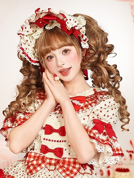 White/Black/Pink Lolita with Polka-dot Bows Bonnet Red/Red
