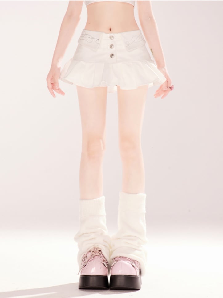 ミニスカート ラインストーン装飾 折り返しウエスト ホワイト