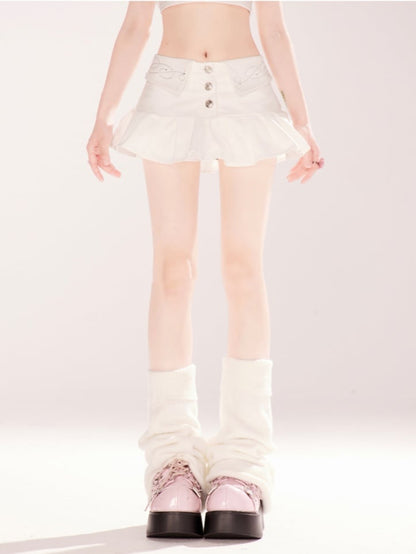 ミニスカート ラインストーン装飾 折り返しウエスト ホワイト