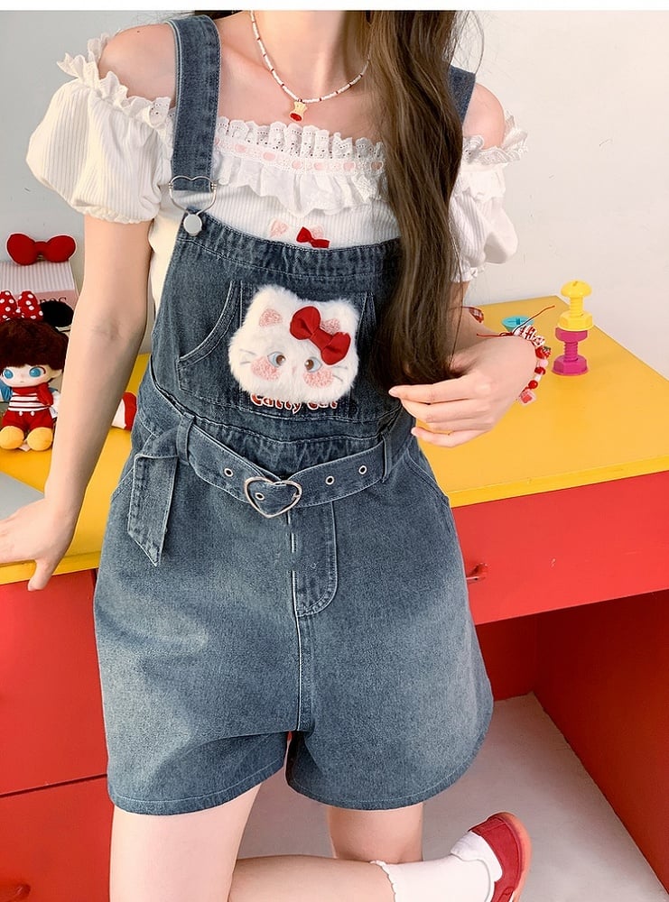 襟付きぬいぐるみキティパフスリーブTシャツホワイトフリルレース