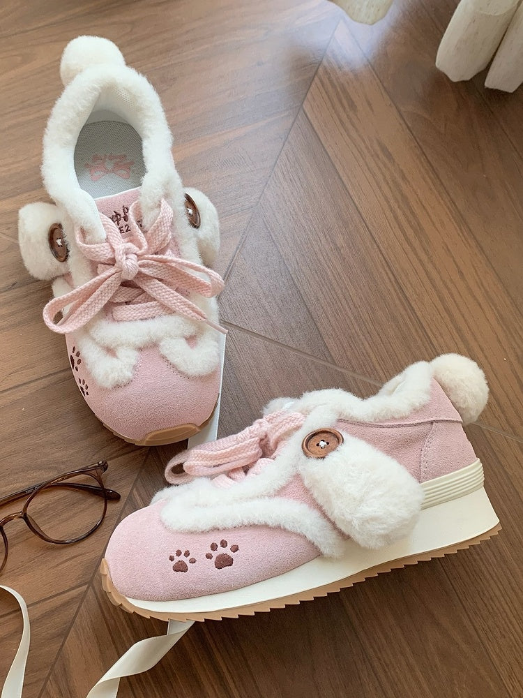 with Ears Lolita Print Accents Pink Sweet Tail Plush Sneakers Embroidery Dog - Paw