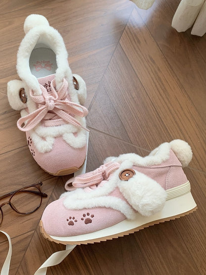 with Ears Lolita Print Accents Pink Sweet Tail Plush Sneakers Embroidery Dog - Paw