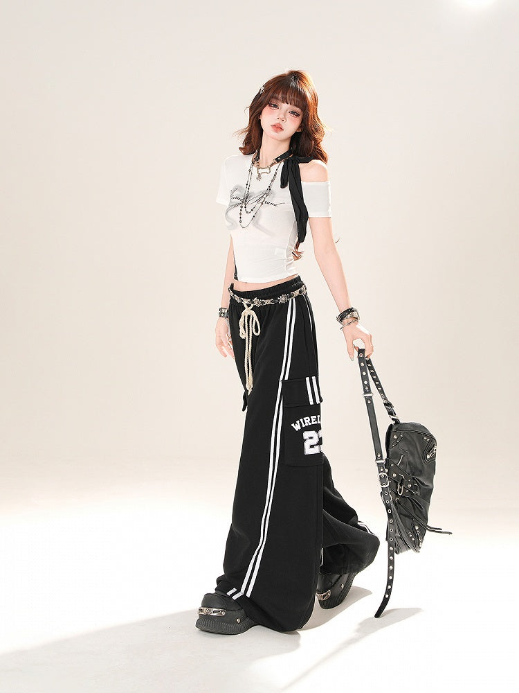 グレー/ホワイト カットアウトショルダー ボウプリントTシャツ