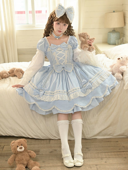 und kurzes Stück blau One Neckline Puff Old Lolita School Ärmel Baumwollkleid Square