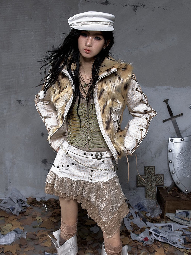 Brown Asymmetrical Vintage Layered with Studded Hem Punk Tulle Skort PU Beige