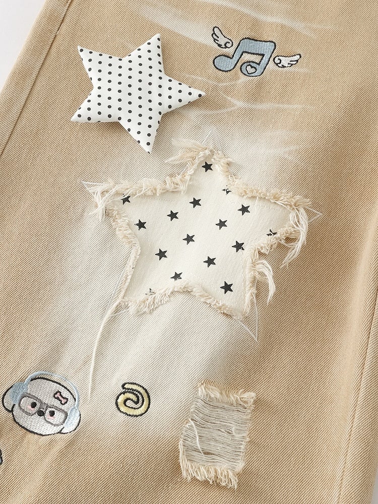 Apricot Distressed Wide-Leg Cropped Denim Pants with Puppy Embroidery & Star Patterns - Languid Park