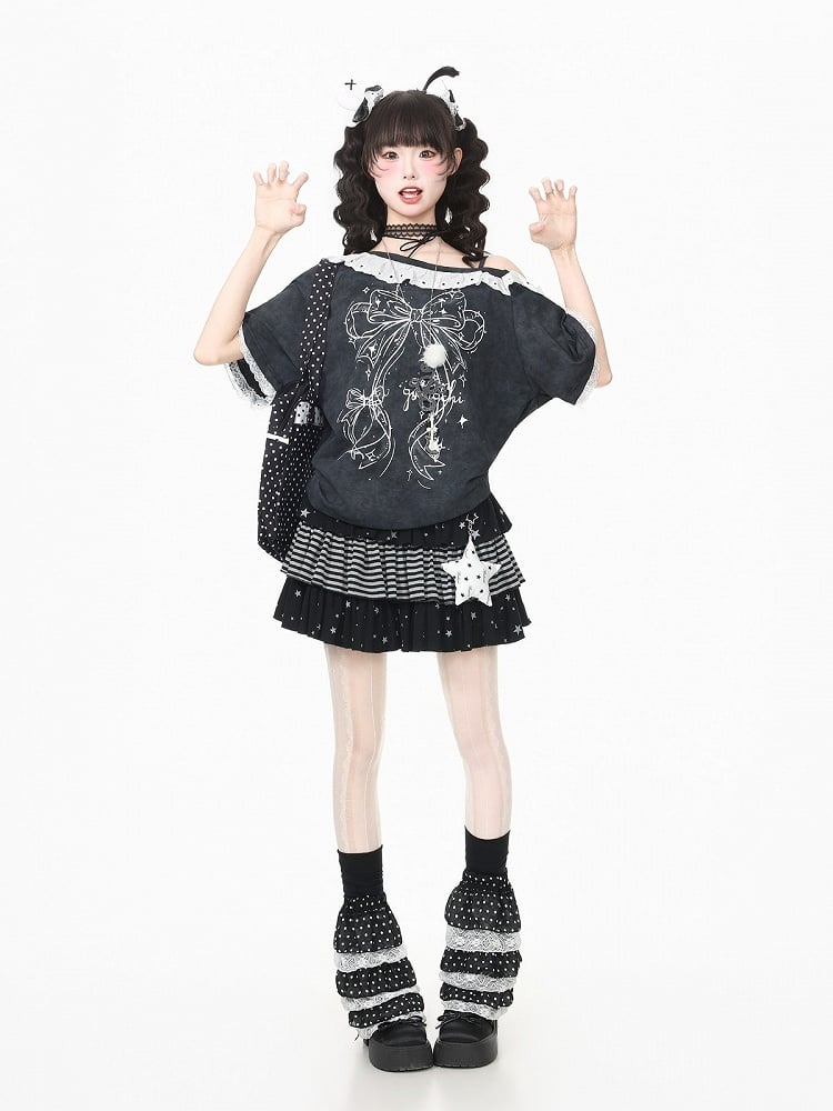 Black Asymmetrical Shoulder Short Sleeve T-Shirt with Bow Print & Lace Trim - Languid Park