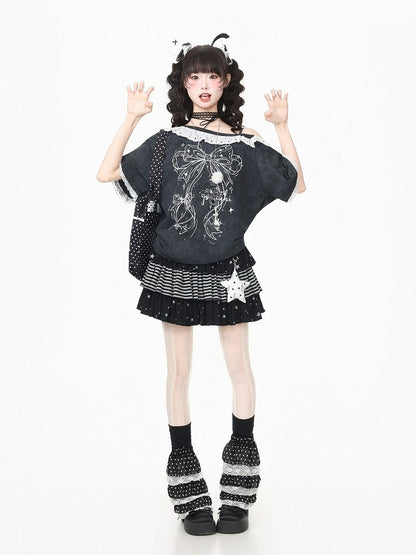 Black Asymmetrical Shoulder Short Sleeve T-Shirt with Bow Print & Lace Trim - Languid Park