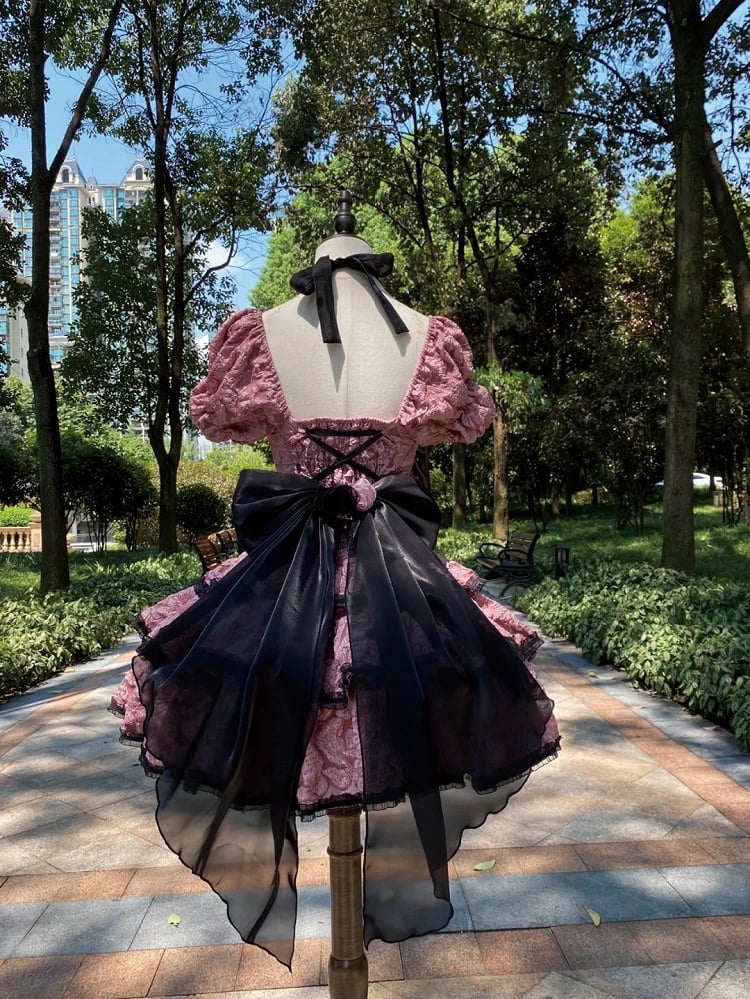 and Pink Floral Skirt with Dark Black Lolita Multi-Layered Dress OP Texture