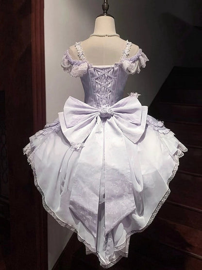 Dress Purple with Off-the-shoulder Balletcore Lolita Neckline Waist Corset Straps