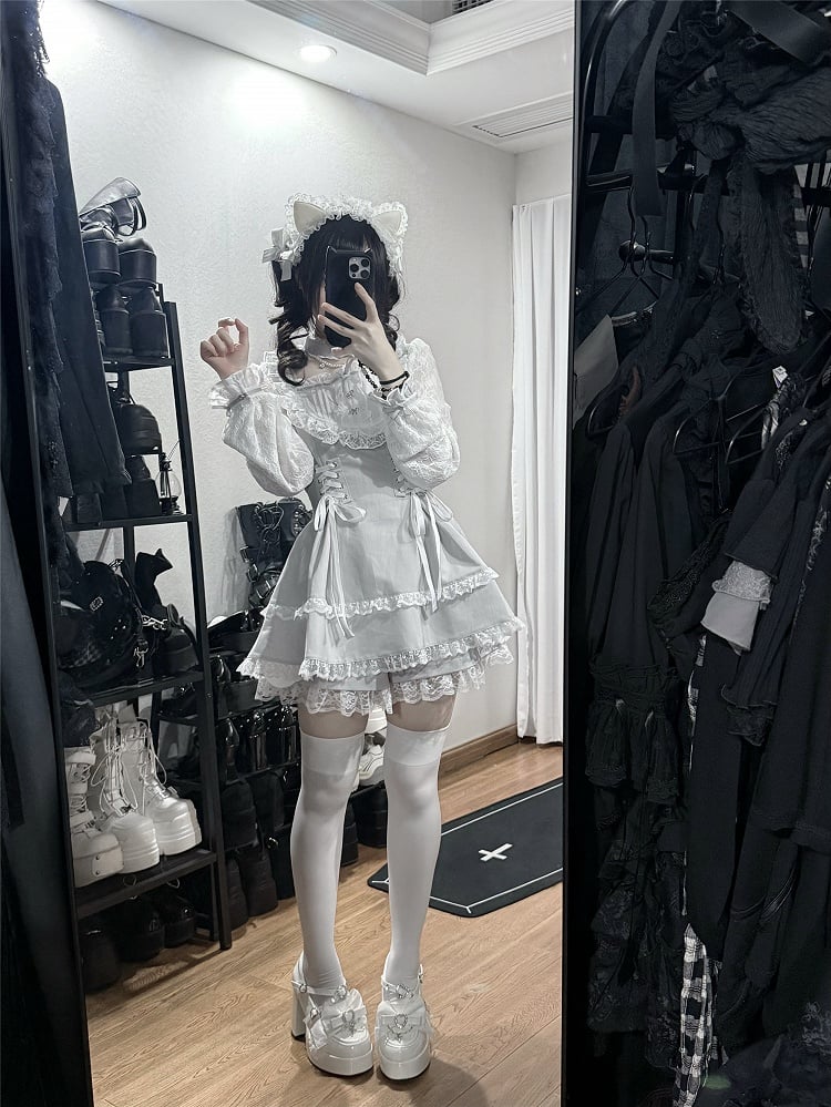 Dress Set With Choker Sleeve Lace Design White Gray Shorts Ryousangata Bead Trim Long + Chain Matching