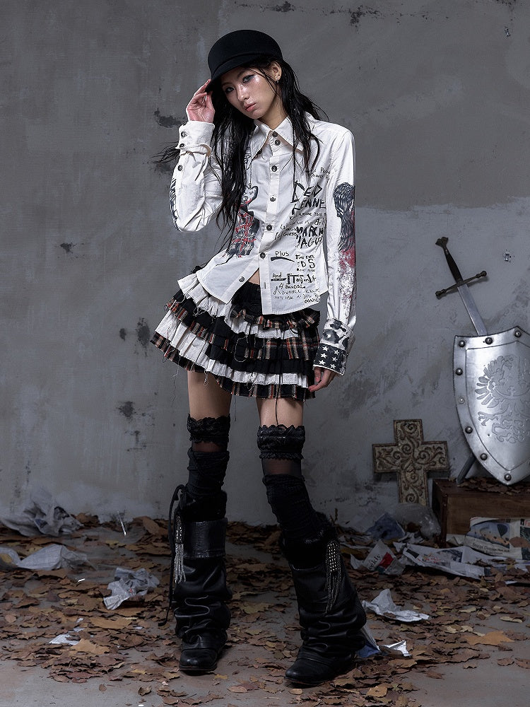 Straps Punk Beige Hand-Drawn with Motifs Back Shirt Vintage Studded