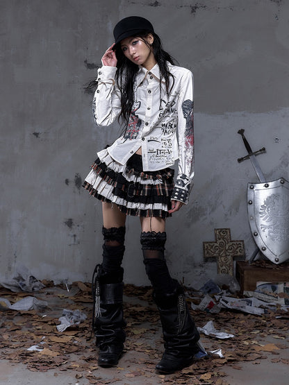 Straps Punk Beige Hand-Drawn with Motifs Back Shirt Vintage Studded