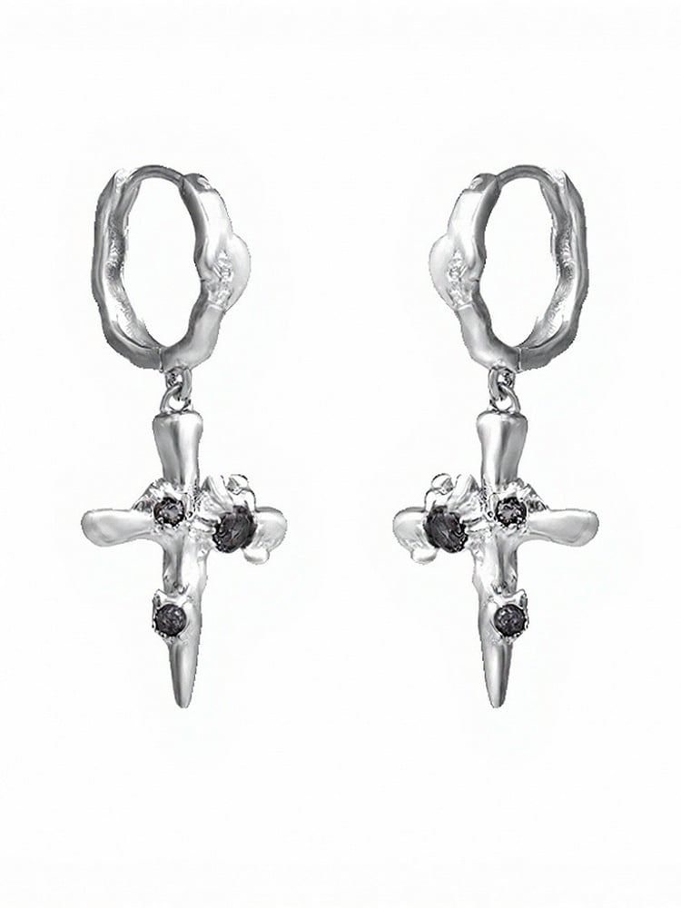 Silver Gothic Cross Dangle Earrings with Rhinestones - Insomnia Artist